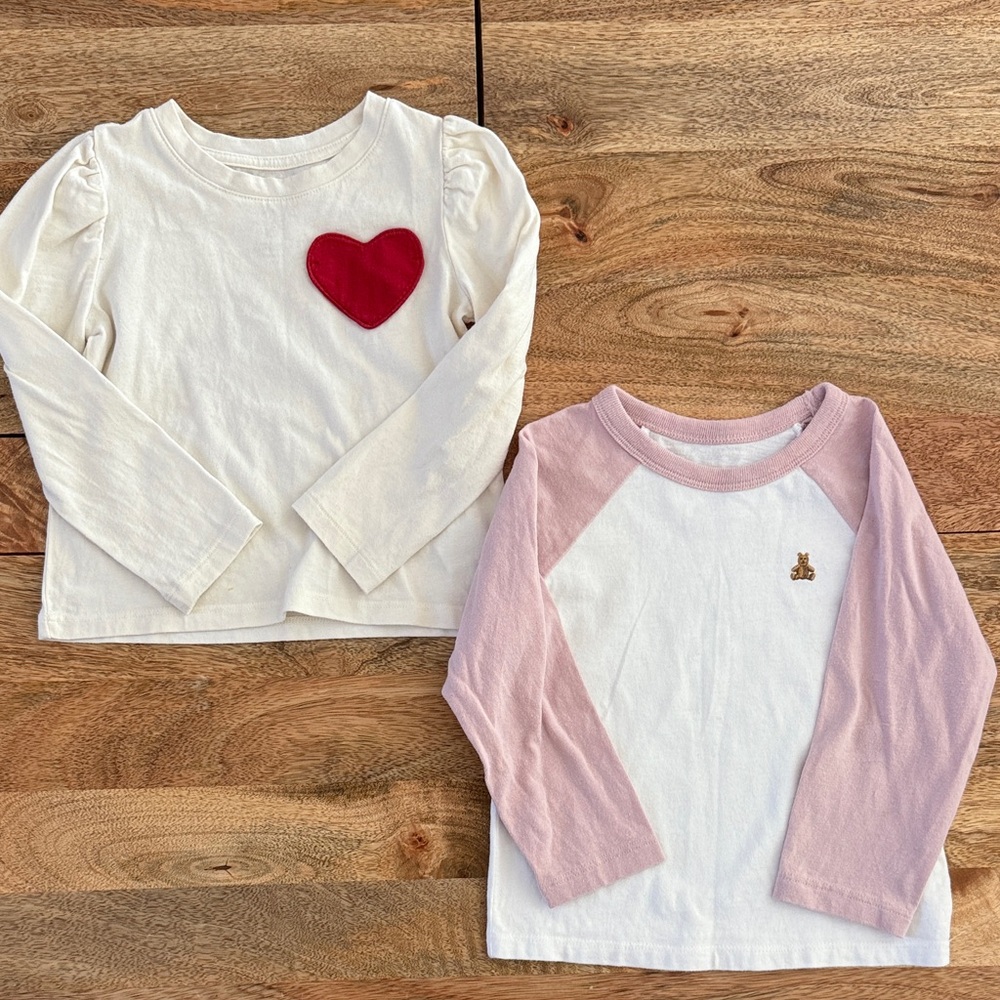 GAP Baby Kids Long Sleeve Tops - Red Heart Baseball Tee Pink Bear Size 2
